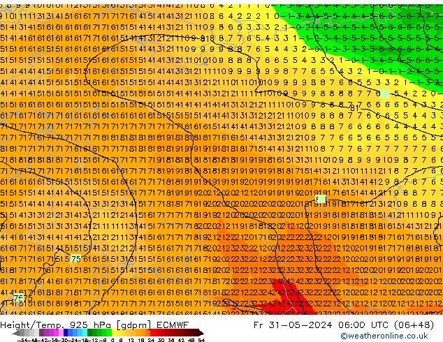 Height/Temp. 925 hPa ECMWF pt. 31.05.2024 06 UTC