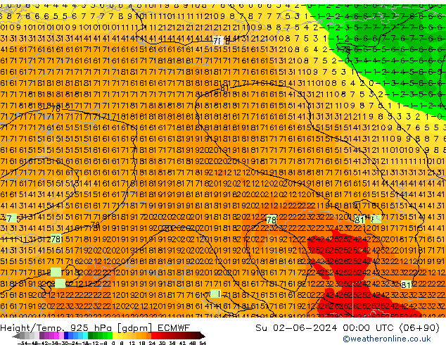 Height/Temp. 925 hPa ECMWF dom 02.06.2024 00 UTC