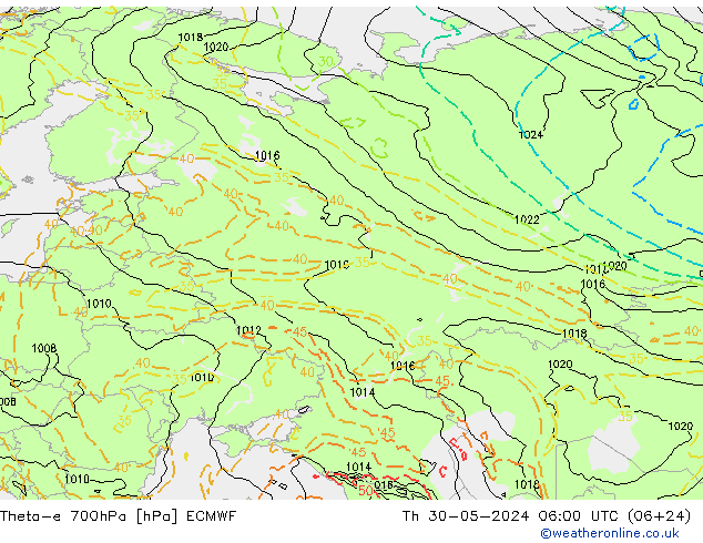 Theta-e 700hPa ECMWF do 30.05.2024 06 UTC