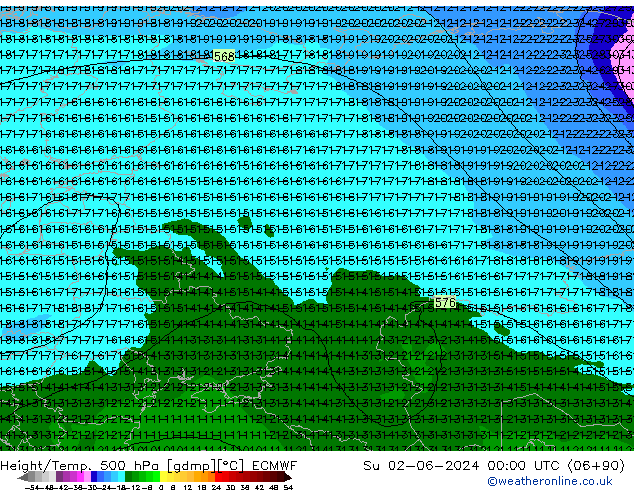 Height/Temp. 500 hPa ECMWF So 02.06.2024 00 UTC