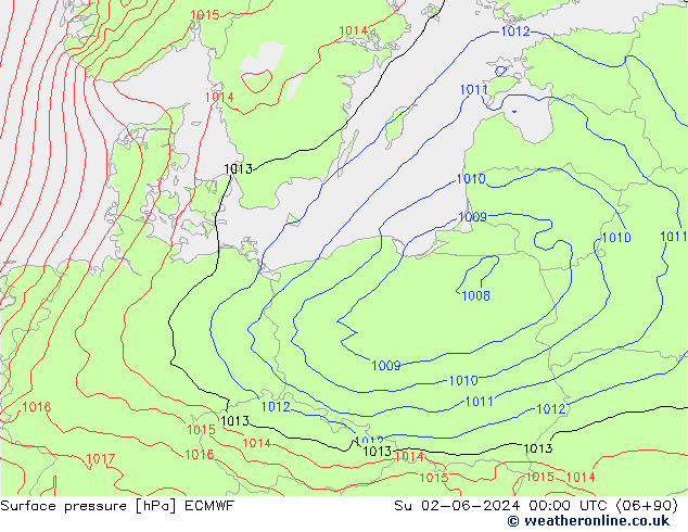 Pressione al suolo ECMWF dom 02.06.2024 00 UTC