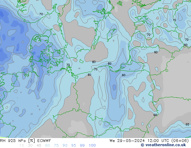 RH 925 hPa ECMWF Mi 29.05.2024 12 UTC