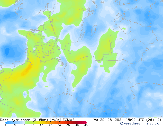 Deep layer shear (0-6km) ECMWF We 29.05.2024 18 UTC