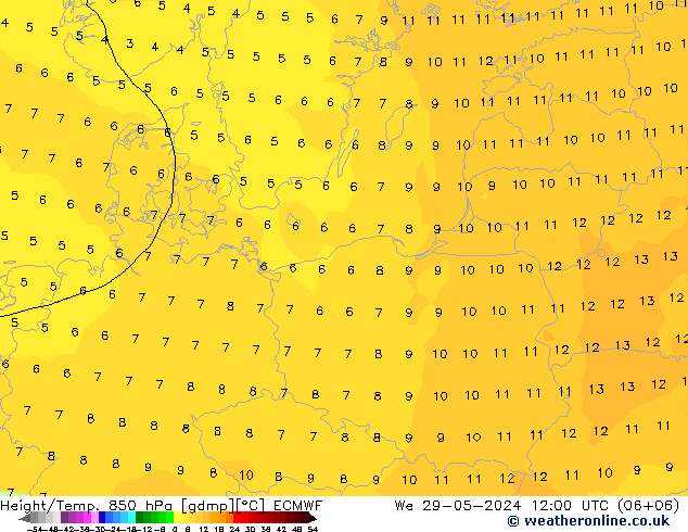 Z500/Rain (+SLP)/Z850 ECMWF Qua 29.05.2024 12 UTC