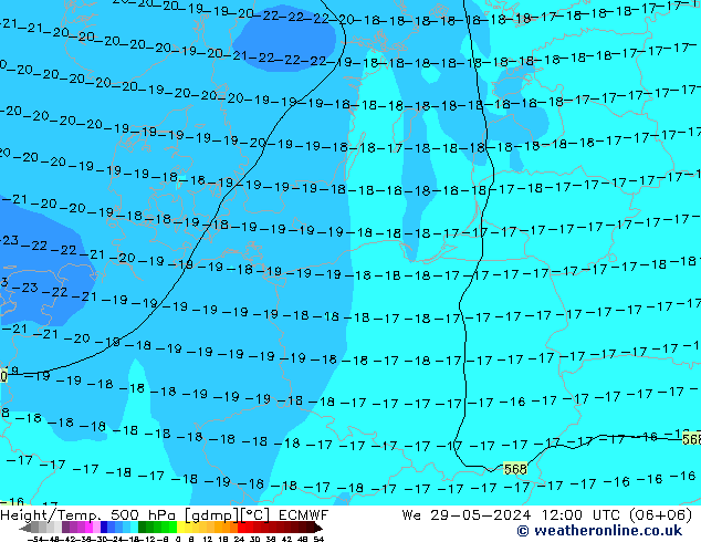 Z500/Yağmur (+YB)/Z850 ECMWF Çar 29.05.2024 12 UTC