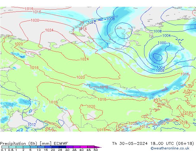 Z500/Rain (+SLP)/Z850 ECMWF Čt 30.05.2024 00 UTC