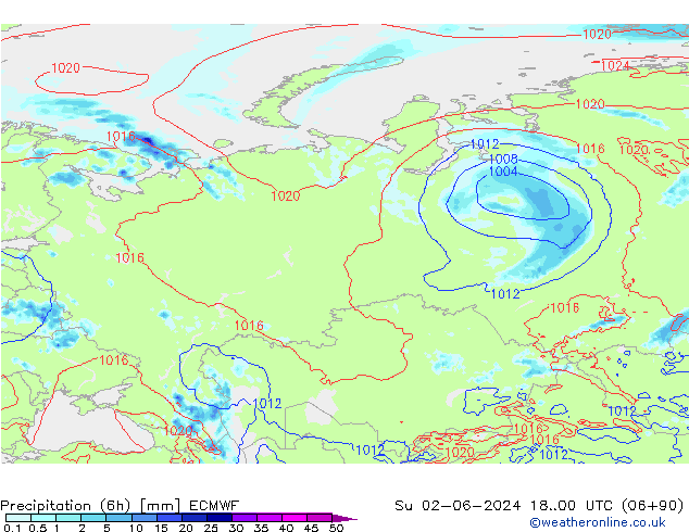 Precipitation (6h) ECMWF Su 02.06.2024 00 UTC