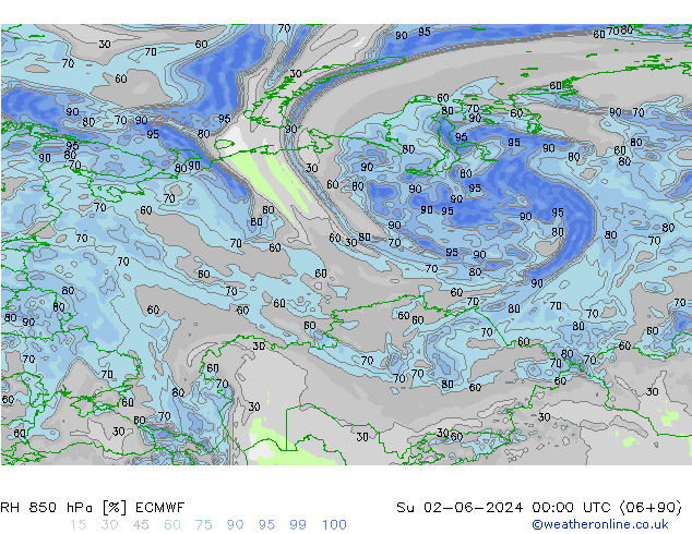 RH 850 hPa ECMWF Ne 02.06.2024 00 UTC