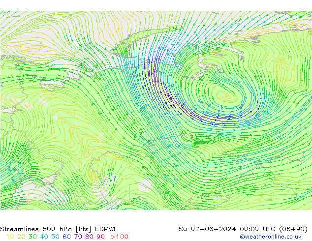 Streamlines 500 hPa ECMWF Su 02.06.2024 00 UTC