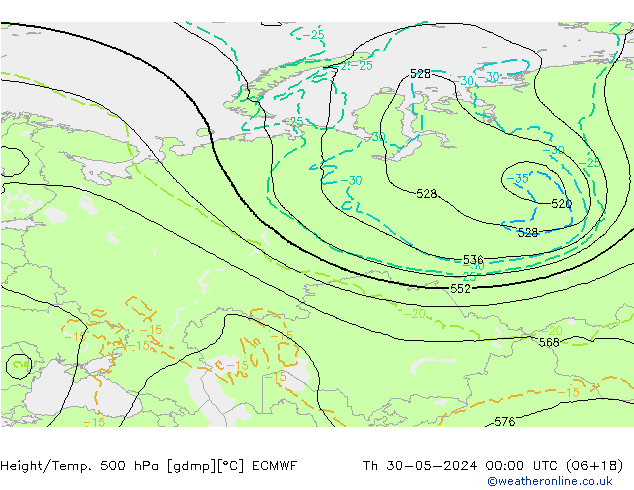 Z500/Rain (+SLP)/Z850 ECMWF Čt 30.05.2024 00 UTC