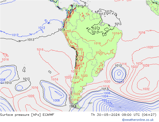 pressão do solo ECMWF Qui 30.05.2024 09 UTC