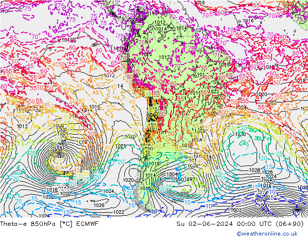 Theta-e 850hPa ECMWF Ne 02.06.2024 00 UTC