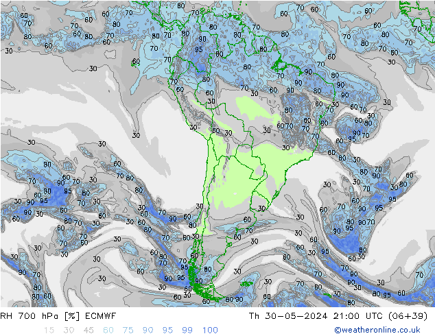 RH 700 hPa ECMWF Th 30.05.2024 21 UTC