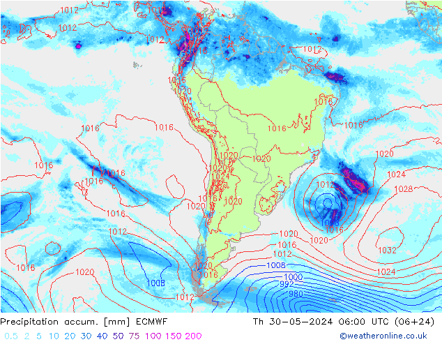 Precipitation accum. ECMWF Čt 30.05.2024 06 UTC