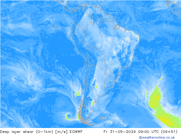 Deep layer shear (0-1km) ECMWF ven 31.05.2024 09 UTC