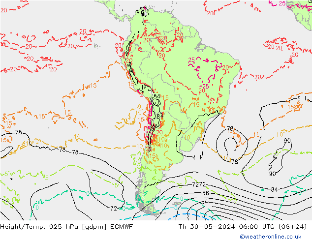 Height/Temp. 925 hPa ECMWF Th 30.05.2024 06 UTC