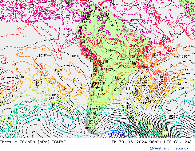 Theta-e 700hPa ECMWF do 30.05.2024 06 UTC