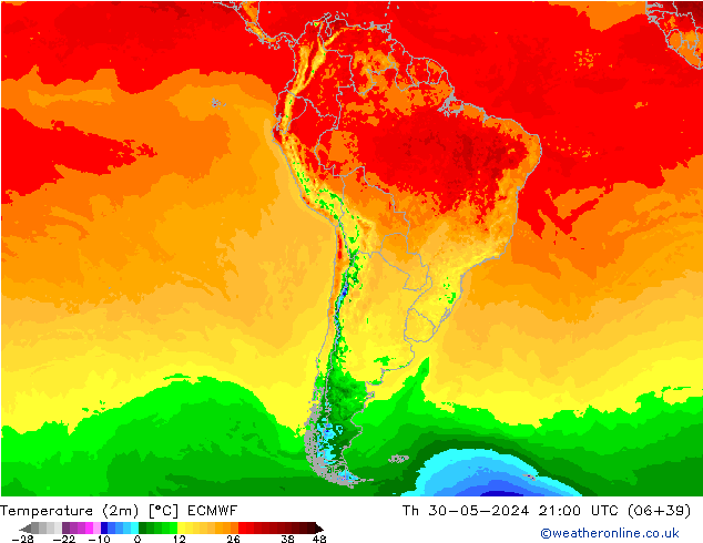 Temperature (2m) ECMWF Th 30.05.2024 21 UTC