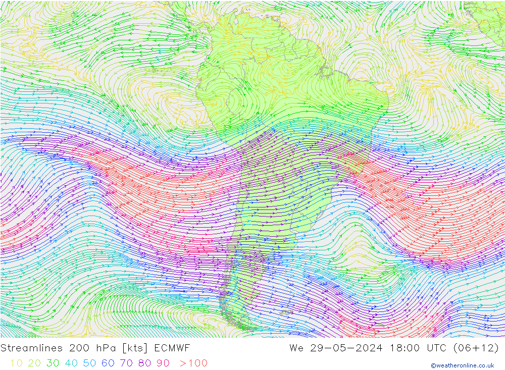Linia prądu 200 hPa ECMWF śro. 29.05.2024 18 UTC