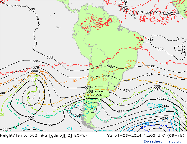 Z500/Rain (+SLP)/Z850 ECMWF Sáb 01.06.2024 12 UTC