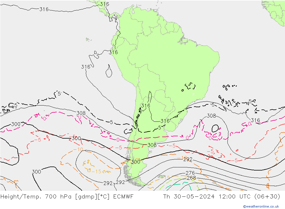 Height/Temp. 700 hPa ECMWF Th 30.05.2024 12 UTC