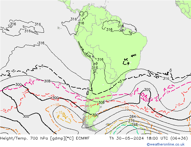 Height/Temp. 700 hPa ECMWF czw. 30.05.2024 18 UTC