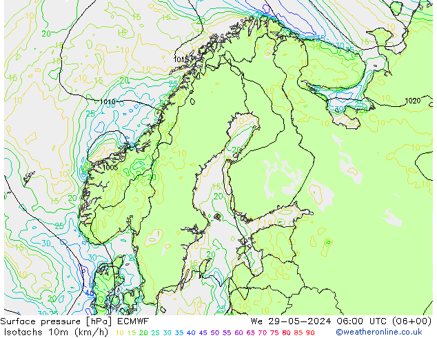 Isotachs (kph) ECMWF  29.05.2024 06 UTC