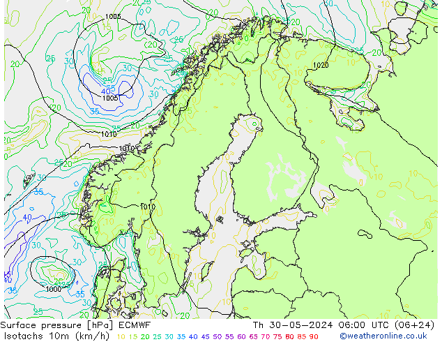 10米等风速线 (kph) ECMWF 星期四 30.05.2024 06 UTC