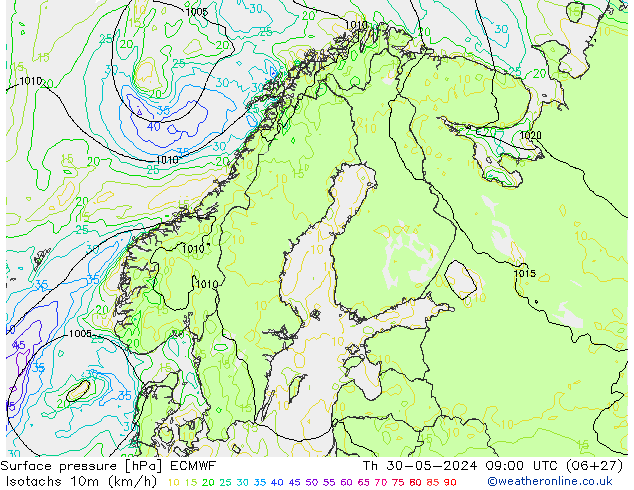 Isotachen (km/h) ECMWF do 30.05.2024 09 UTC