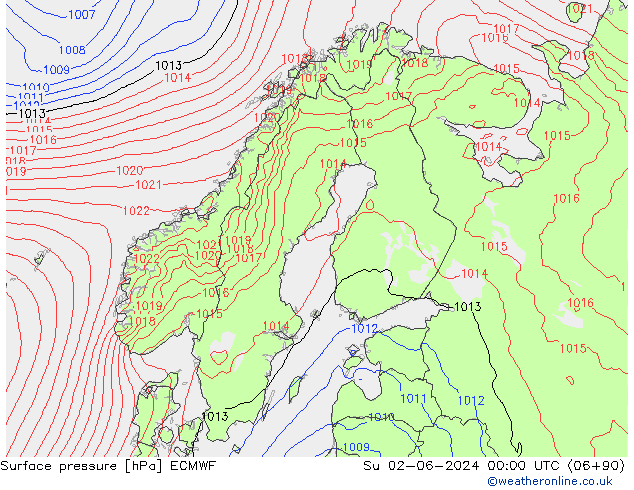 Presión superficial ECMWF dom 02.06.2024 00 UTC