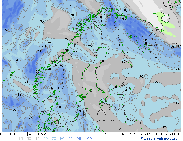 Humidité rel. 850 hPa ECMWF mer 29.05.2024 06 UTC