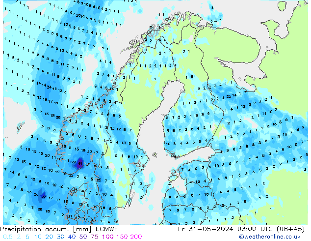 Precipitation accum. ECMWF Pá 31.05.2024 03 UTC