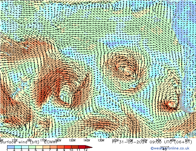 Rüzgar 10 m (bft) ECMWF Cu 31.05.2024 09 UTC