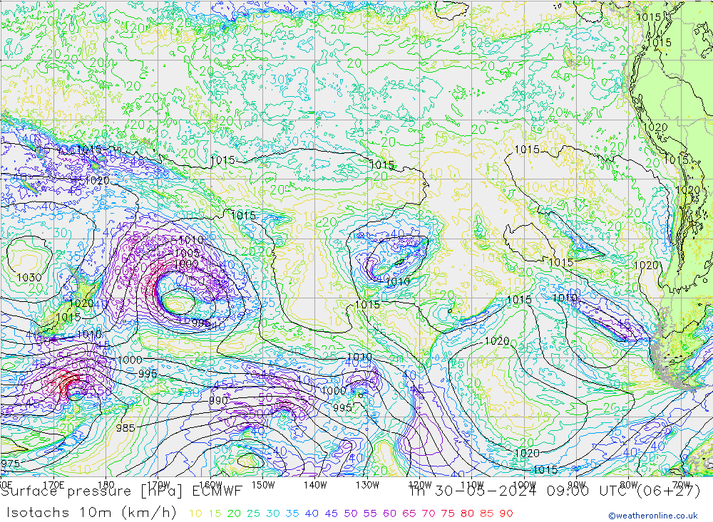 Isotachs (kph) ECMWF Th 30.05.2024 09 UTC