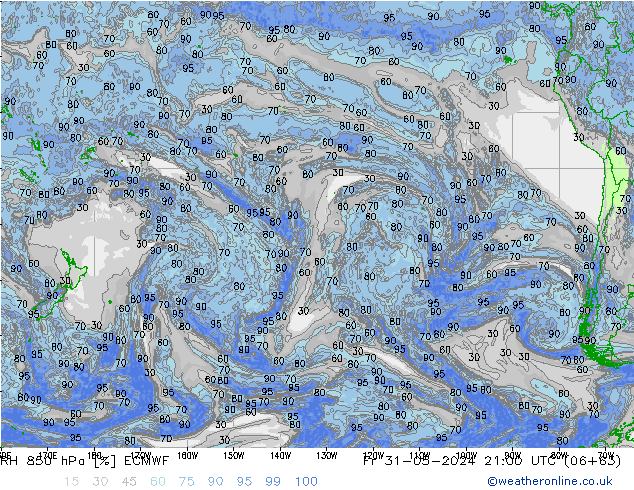 Humidité rel. 850 hPa ECMWF ven 31.05.2024 21 UTC