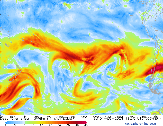 Deep layer shear (0-6km) ECMWF So 01.06.2024 18 UTC