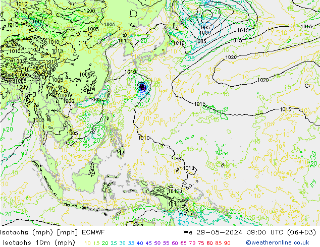 Isotachs (mph) ECMWF We 29.05.2024 09 UTC