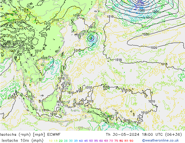 Isotachs (mph) ECMWF gio 30.05.2024 18 UTC