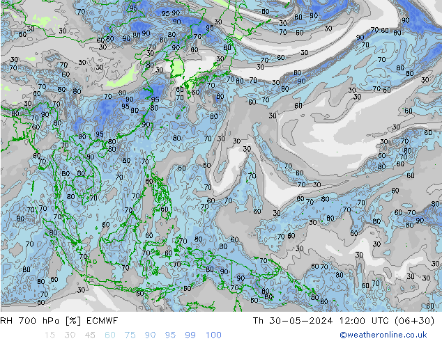 RH 700 hPa ECMWF gio 30.05.2024 12 UTC