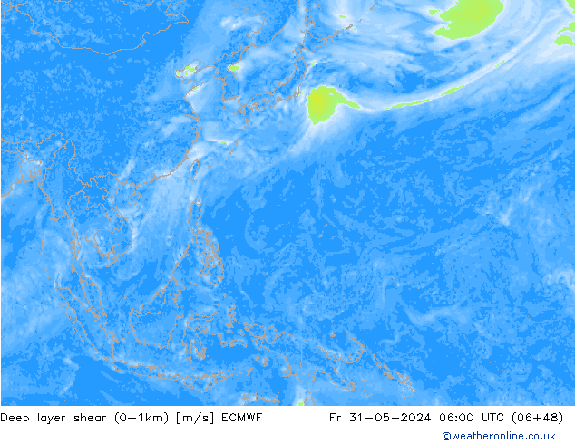 Deep layer shear (0-1km) ECMWF Fr 31.05.2024 06 UTC