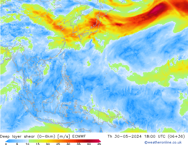 Deep layer shear (0-6km) ECMWF gio 30.05.2024 18 UTC