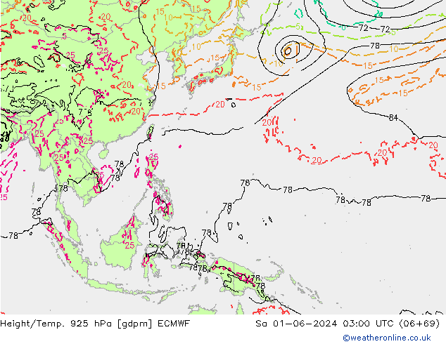 Height/Temp. 925 hPa ECMWF Sa 01.06.2024 03 UTC