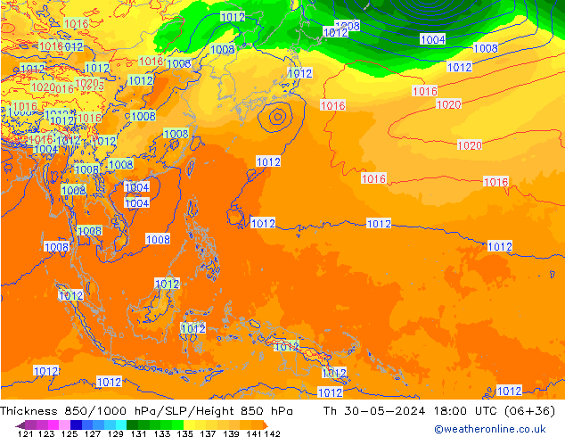 Thck 850-1000 hPa ECMWF gio 30.05.2024 18 UTC