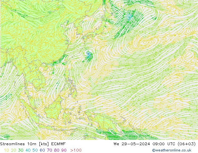 Stroomlijn 10m ECMWF wo 29.05.2024 09 UTC