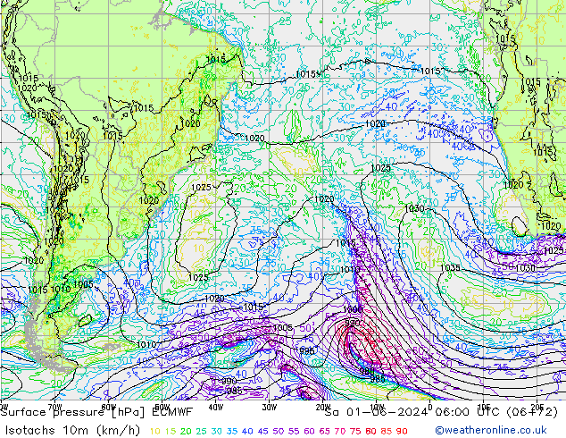 Isotachs (kph) ECMWF So 01.06.2024 06 UTC