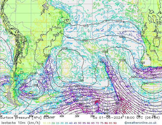 Isotachs (kph) ECMWF Sa 01.06.2024 18 UTC