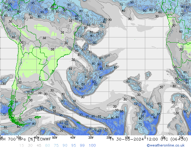 RH 700 hPa ECMWF gio 30.05.2024 12 UTC