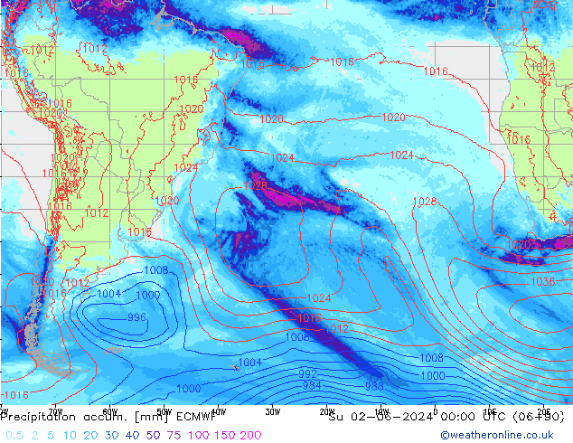 Precipitation accum. ECMWF Dom 02.06.2024 00 UTC