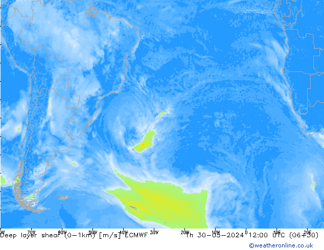 Deep layer shear (0-1km) ECMWF gio 30.05.2024 12 UTC