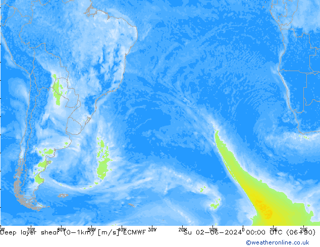 Deep layer shear (0-1km) ECMWF Вс 02.06.2024 00 UTC